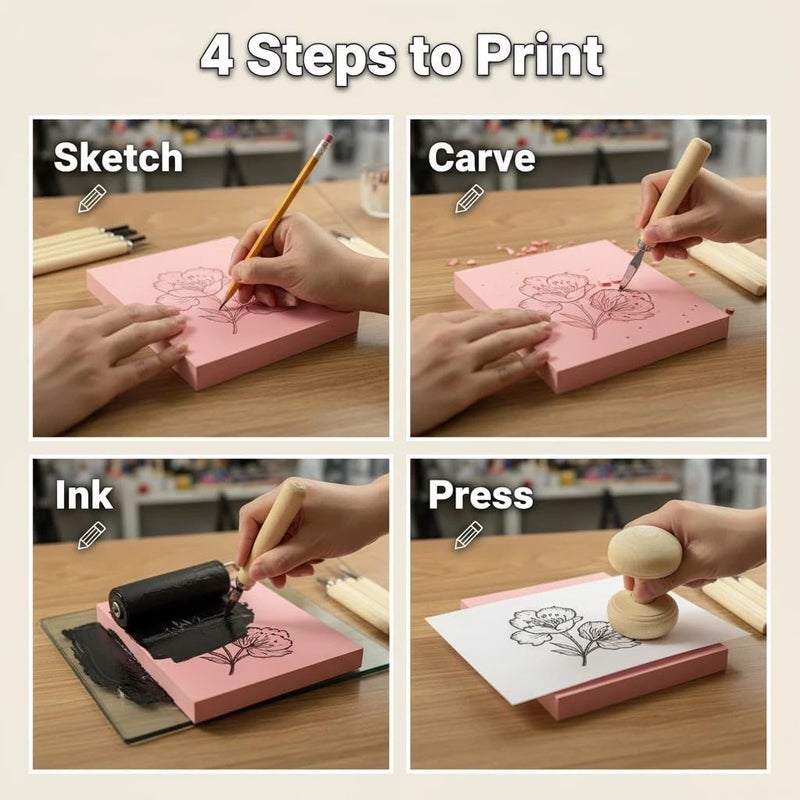 Lnncdsc Linocut Kit for Beginners & DIY Artists – Complete Block Printing Starter Set with Carving Tools & Brayer Roller – Perfect for Homemade Stamps, Greeting Cards, Gifts & Art Projects - Image 4